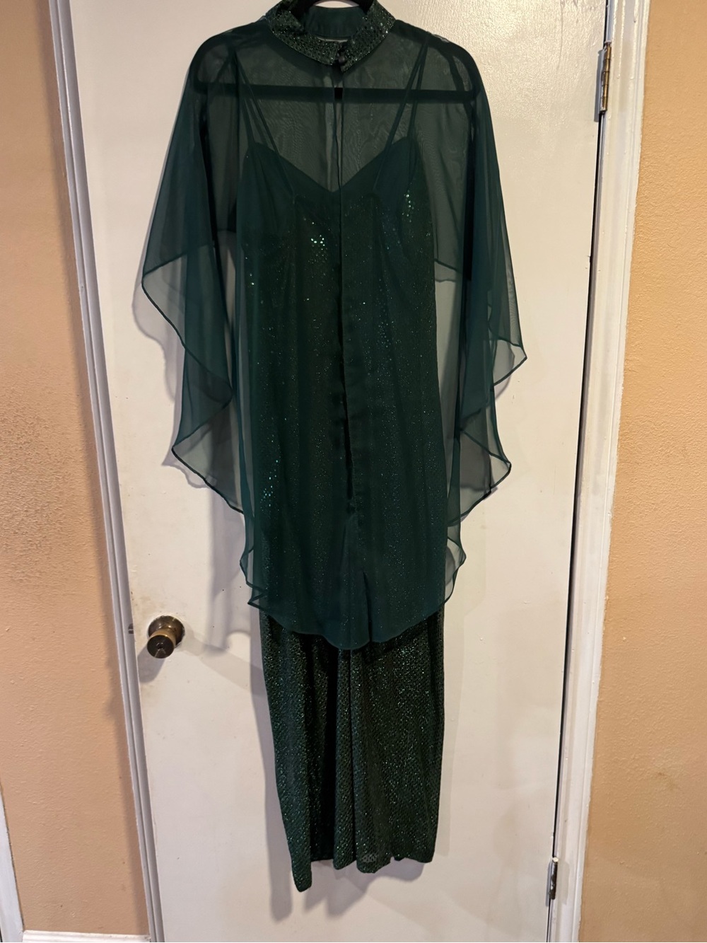 Vintage 80s ANN Emerald Green Formal Dress Cape Set XL USA